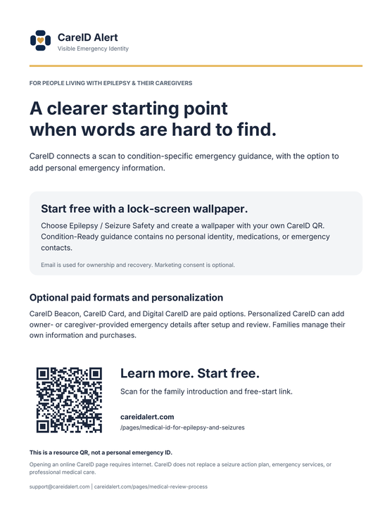 The one-page patient handout: CareID for life with epilepsy, with a QR link to the family introduction