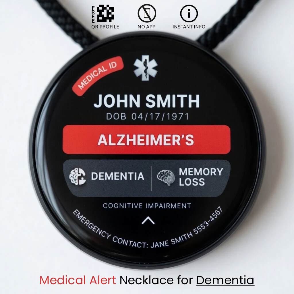 Digital Medical Alert Necklace QR Code | Medical ID Jewelry for Dementia Alzheimer’s Senior Safety