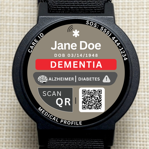 Wristwatch with medical alert display showing 'Jane Doe' and 'Dementia' on a textured beige background.