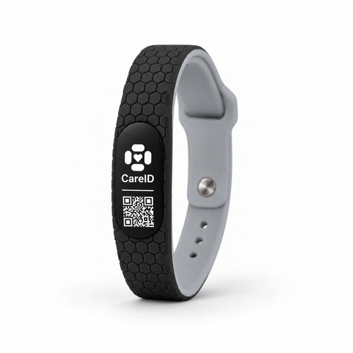 CareID Bracelet, three-quarter view showing the QR face and adjustable closure