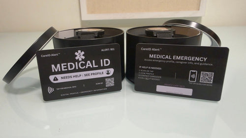 CareID emergency ID cards displayed with protective packaging