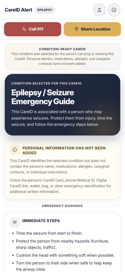 Screenshot of the current Condition-Ready epilepsy guide: no personal information added, followed by emergency guidance